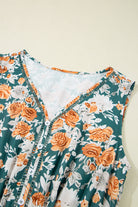 Green Floral Print Trimmed V Neck Sleeveless Vacation Dress Midi Dresses b296023102057a5c
