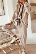 Dark Khaki Drawstring Pullover Hoodie and High Waist Pants Corduroy Suit Two Piece Pants Sets b296d396a7f54a0b