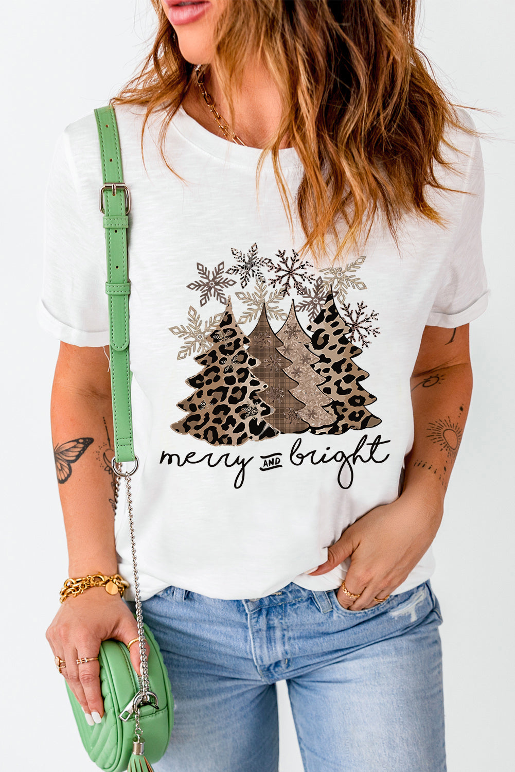White Leopard Christmas Tree Casual Crew Neck Graphic Tee Graphic Tees b2cf4221a670d531