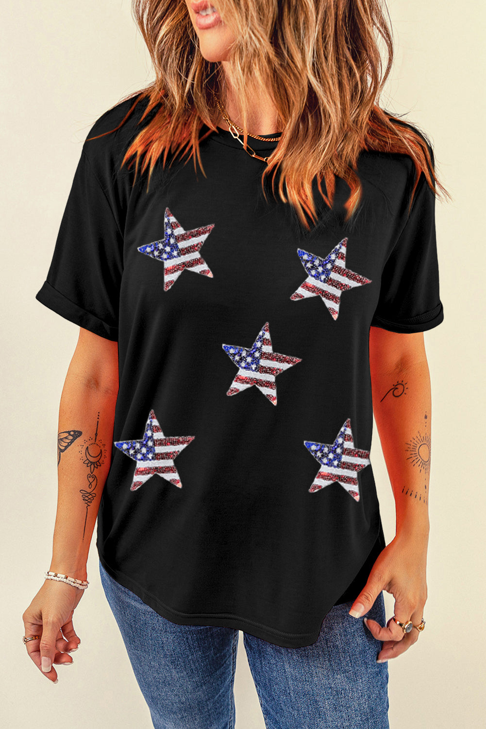 Black Sequined American Flag Star Graphic T Shirt Graphic Tees b2ddcbfc800b1050
