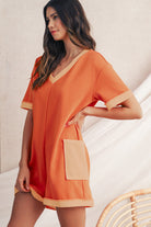 Russet Orange Two Tone Short Sleeve V Neck Patched Pocket Loose Romper Rompers b2f49555058070b2