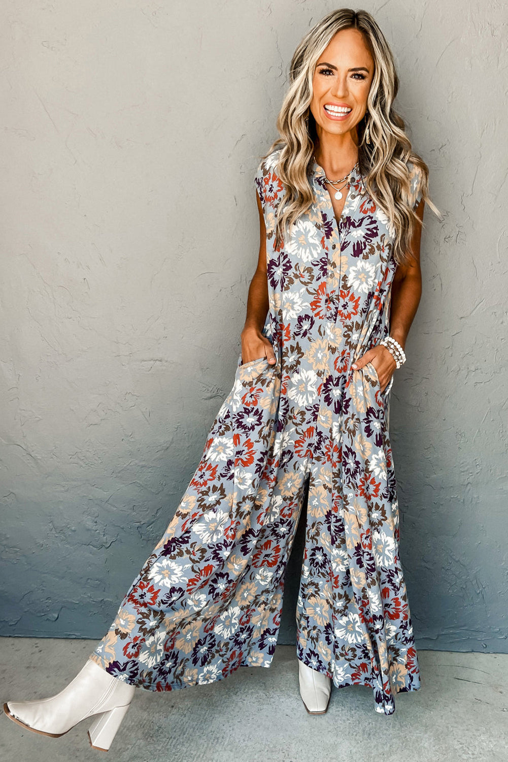 Sky Blue Floral Sleeveless Pocketed Wide Leg Jumpsuit Jumpsuits b2fbe78cf89927b9