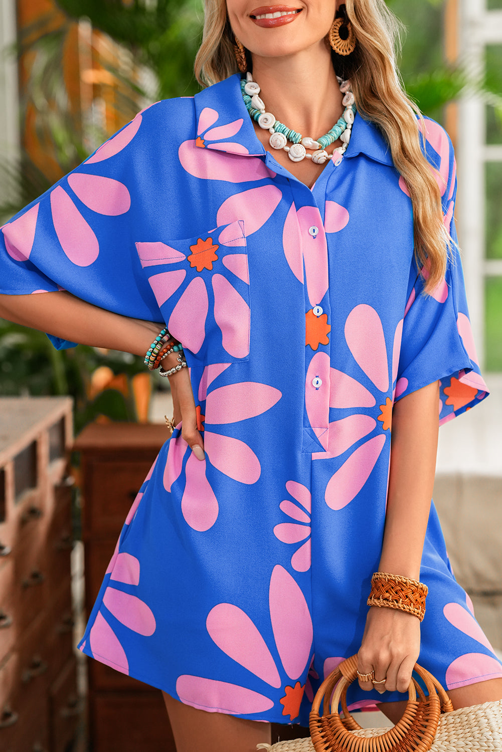 Blue Summer Flower Print Shirt Collar Loose Romper Rompers b30fe9a619c76de8