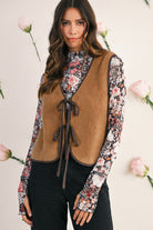 Light French Beige Fleece Tie Front Winter Vest Jackets b319c720a64f818b