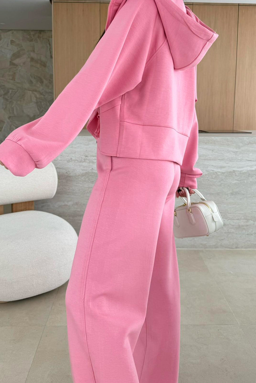 Pink Solid Color Zip Up Hoodie Drawstring Loose Pants Set Two Piece Pants Sets b34a12fd894a0789