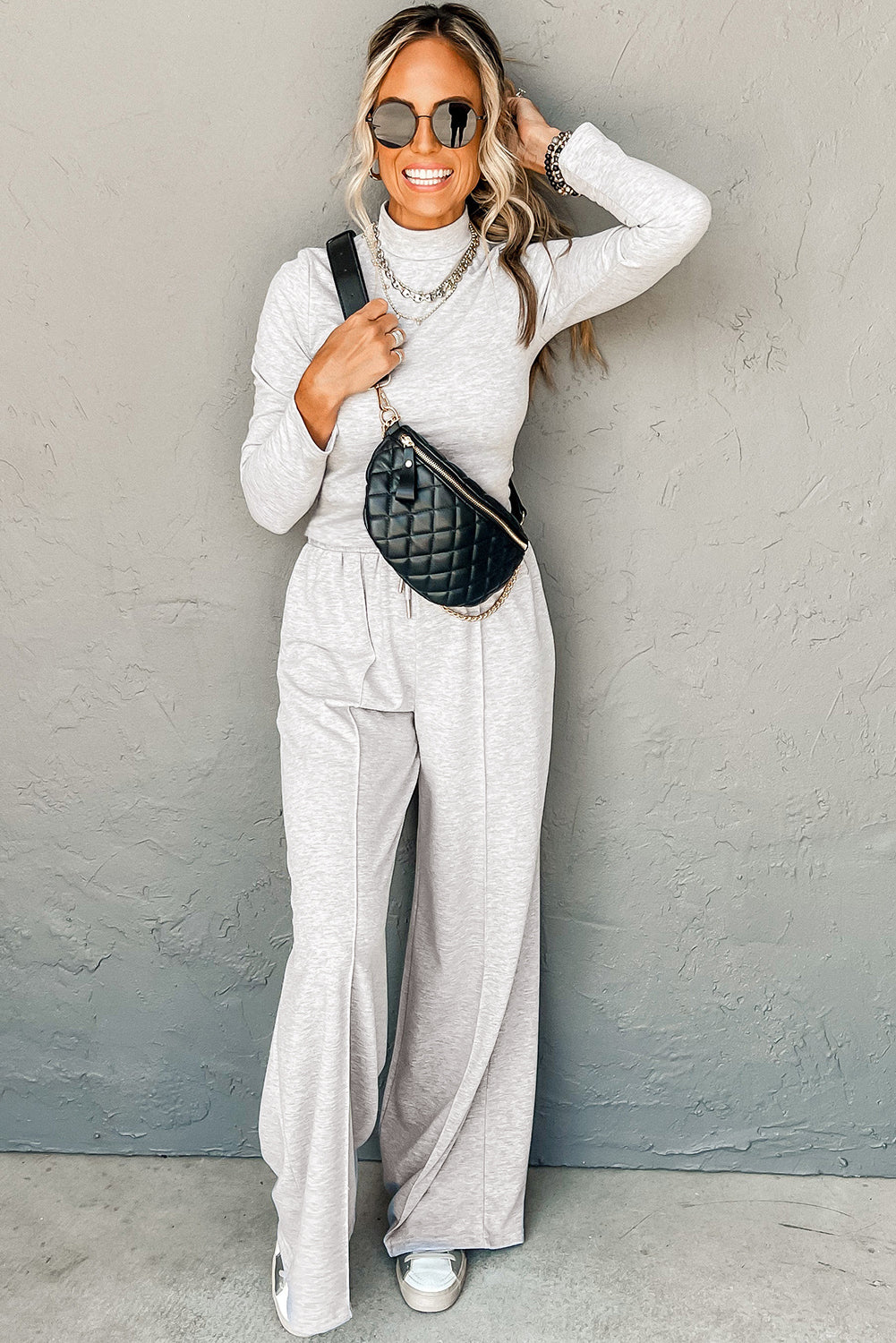 Light Grey Long Sleeve High Neck Slim Top Smocked Waist Central Seam Pants Set Two Piece Pants Sets b3505d8531cc2d21