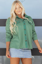 Grass Green Waffle Knit Vintage Patchwork Button Up Loose Shirt Blouses b35512c3444ab11f