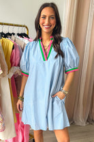 Myosotis Striped Pop of Color V Neck Puff Sleeve Mini Dress Short Dresses b35cb33ba8f42815