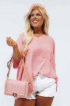 Pink Solid Color V Neck Textured Plus Size Blouse Plus Size Tops b3805345747649ba