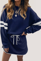 Sky Blue Varsity Stripe Detail Drop Shoulder Pullover Mini Skort Set Two Piece Shorts Sets b39affc91de7ab56