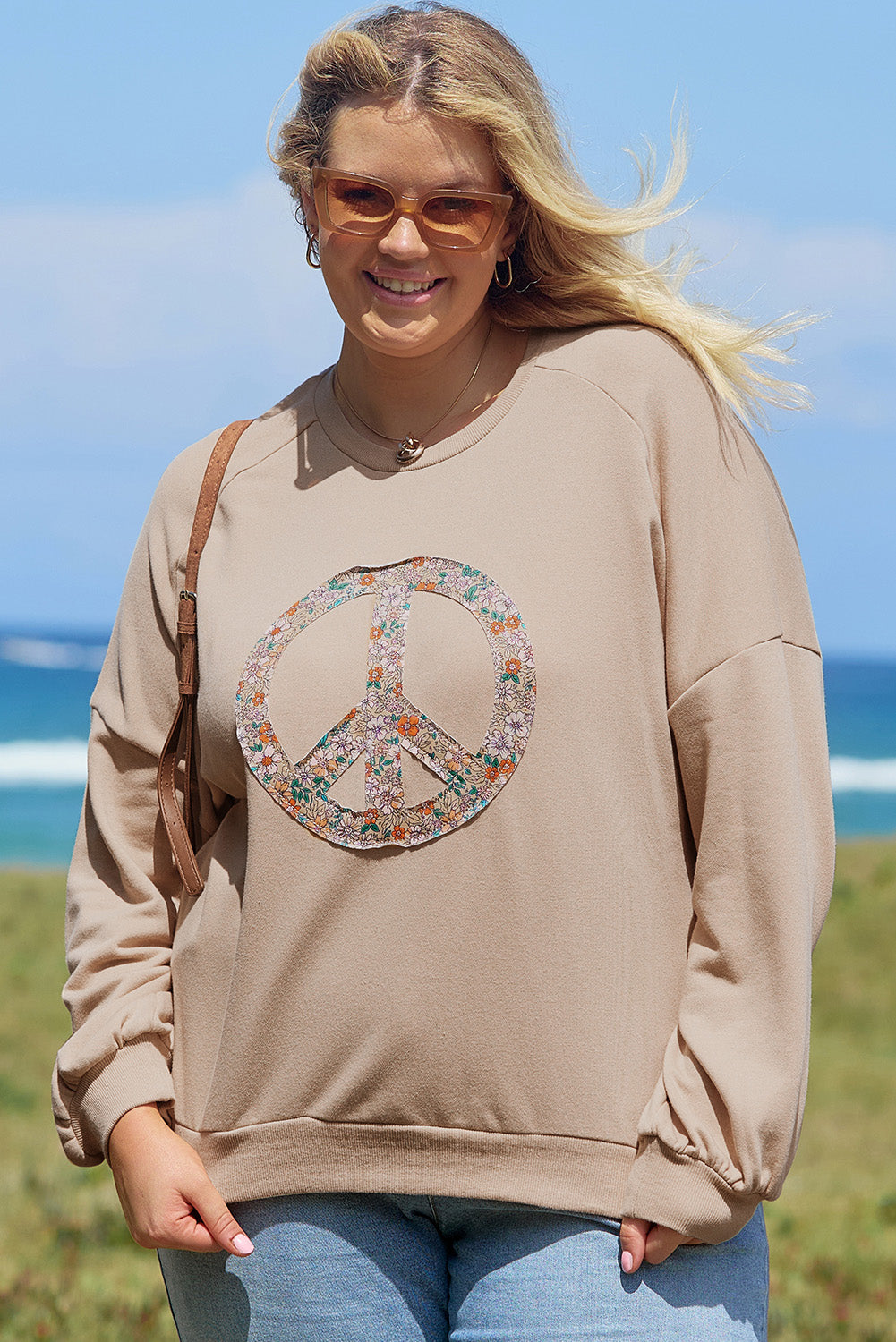 Pale Khaki Floral Peace Graphic Washed Plus Size Sweatshirt Plus Size Tops b39e1a022adfb95b