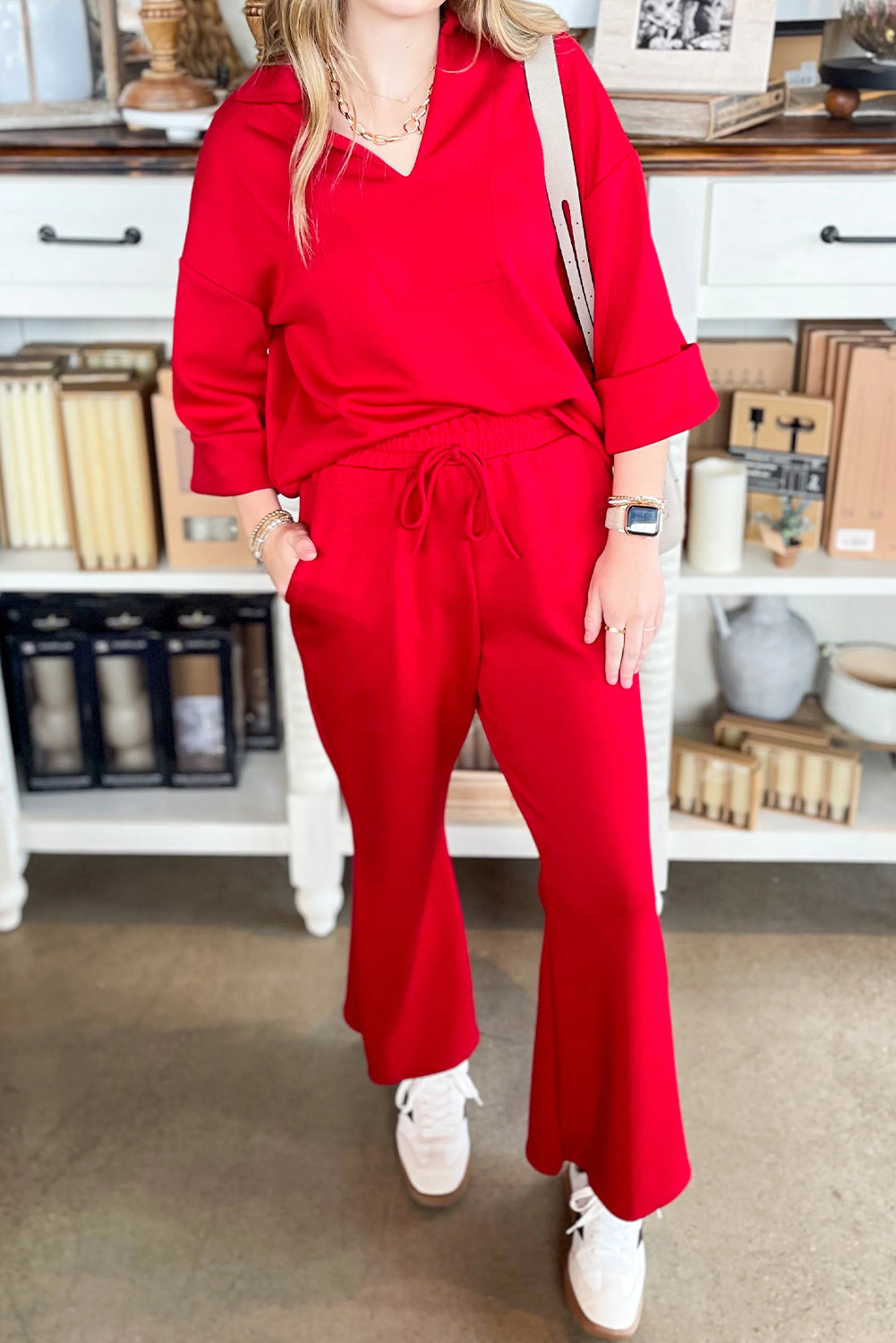 Fiery Red Plain V Neck Pullover Drawstring Bell Bottom Pants Set Two Piece Pants Sets b3bb5a0c7f3e2d6c