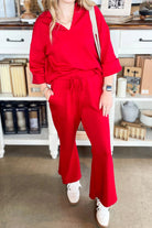 Fiery Red Plain V Neck Pullover Drawstring Bell Bottom Pants Set Two Piece Pants Sets b3bb5a0c7f3e2d6c