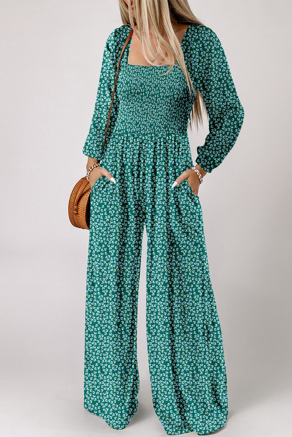 Green Floral Print Shirred Bodice Square Neck Wide Leg Jumpsuit Jumpsuits b3bdd868da504f87