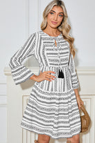 Black Striped Fringe Tie Neck Bell Sleeve V Neck Mini Dress Short Dresses b3c132d1c0585e8d