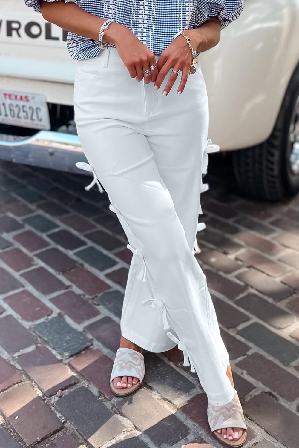 White Bowknot Side Detail Straight Leg Loose Jeans Jeans b3c70b15f236f967