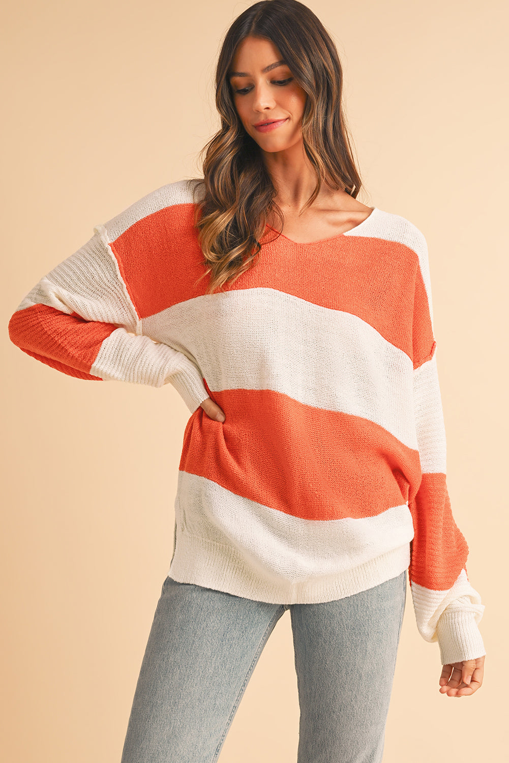 Orange Colorblock V Neck Side Slits Sweater Sweaters b3e30d3fb7aedf72