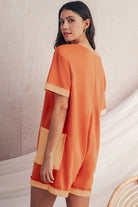 Russet Orange Two Tone Short Sleeve V Neck Patched Pocket Loose Romper Rompers b3ed4c3d29ccfbe9