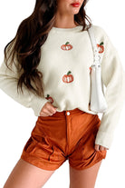 Beige Pumpkin Embroidered Halloween Thanksgiving Festival Sweater Sweaters b40fc307dea9c2cb