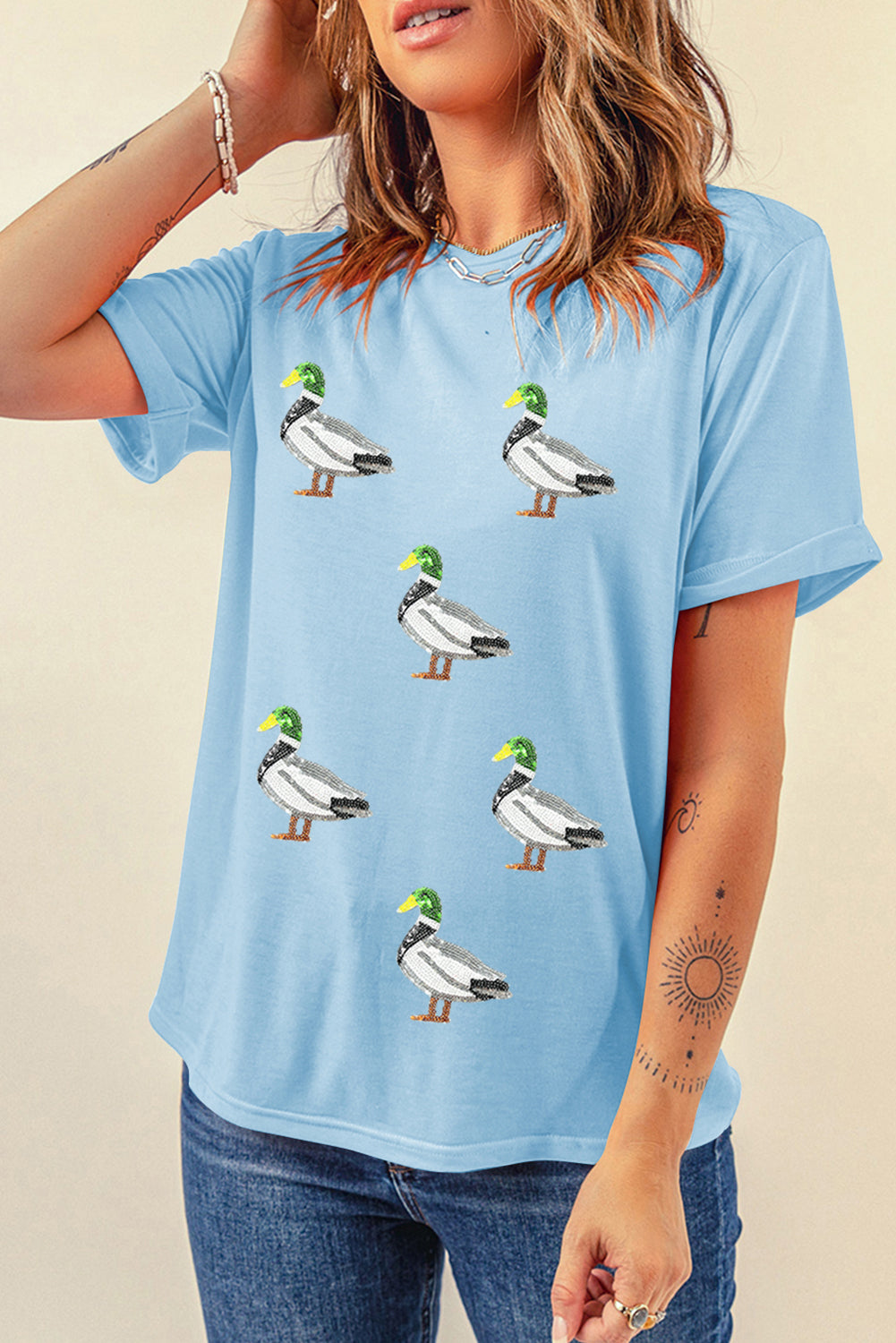 Light Blue Mallard Duck Graphic Sequins Patch Casual Tee Graphic Tees b426992be9eb03f3