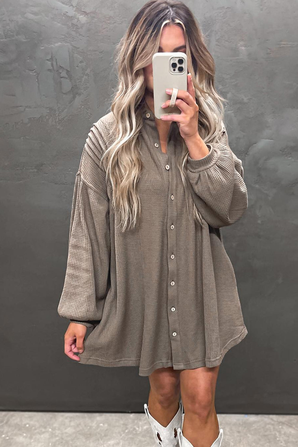 Simply Taupe Waffle Knit Shirt Tunic Mini Dress Short Dresses b43cc2aadccd82bd