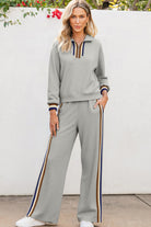 Gray Striped Patchwork Quarter Zip Pullover Loose Pants Set Two Piece Pants Sets b46ad7548df7fcf8