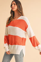 Orange Colorblock V Neck Side Slits Sweater Sweaters b48ad4439fd8a51e
