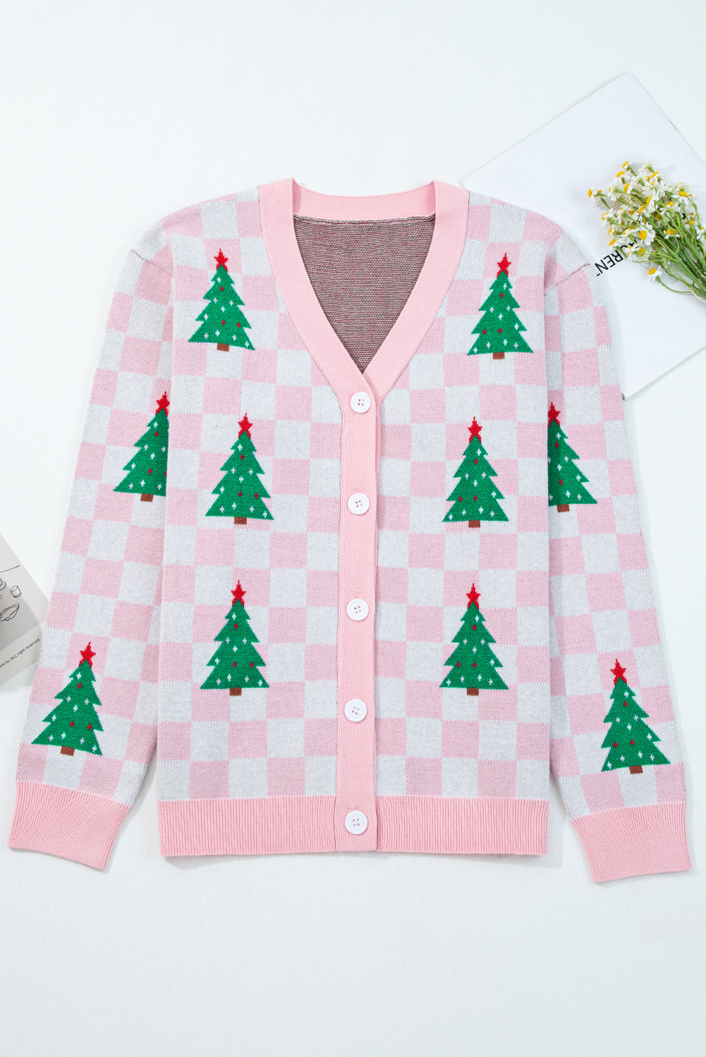 Red Checkered Christmas Tree Pattern Button V Neck Knit Cardigan Cardigans b49ac7c6eabe0706