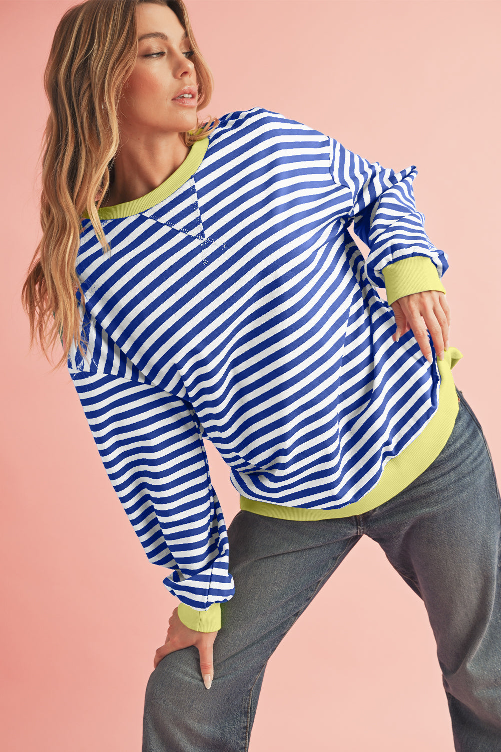 Blue Stripe Contrast Edge Cross Seam Oversized Pullover Sweatshirts & Hoodies b4ce90911d18ceef