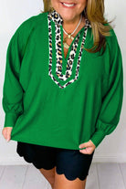 Green Plus Size Contrast Leopard Trim Split Neck Puff Sleeve Blouse Plus Size Tops b51016bd7c168be1