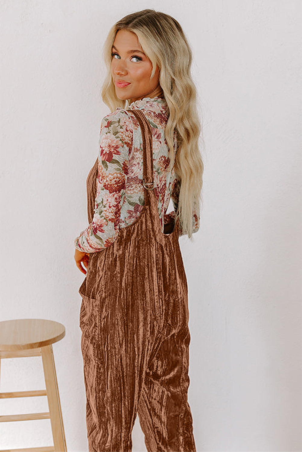 Chicory Coffee Velvet Adjustable Straps Patched Pocket Sleeveless Jumpsuit Jumpsuits b51dc76dfd8579cf