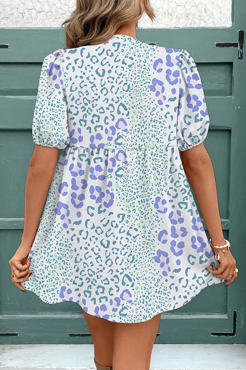 Sky Blue Leopard Bow Front Puff Sleeve Mini Dress Short Dresses b51e81c82f8be794