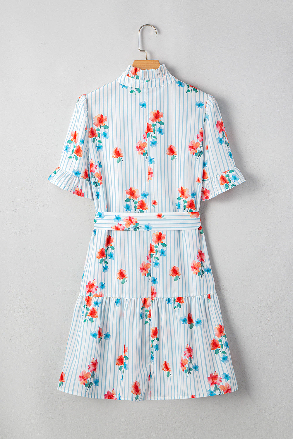 Sky Blue Striped Floral Print Ruffle Belted Mini Dress Short Dresses b52be5d0a6349925