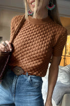 White Fish Scale Textured Knit Ribbed High Neck Short Sleeve Sweater Sweaters b5487a07080fabd2