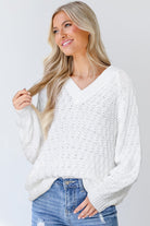 White Plain Knit Ribbed Edge V Neck Loose Sweater Sweaters b5521cdd00d3d976