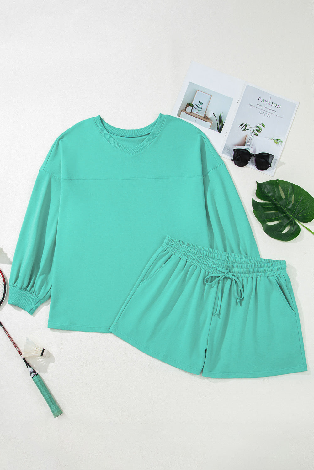 Sea Green Solid Color Plus Size Pullover and Loose Shorts Set Plus Size Matching Sets b554c99d1f2c8ba0