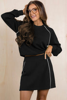 Black Contrast Piping Crewneck Pullover Mini Skirt Set Two Piece Skirt Sets b55b0abccaadabd8