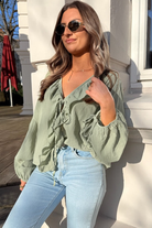 Meadow Mist Green Bow Tie Front Ruffle Trim V Neck Long Sleeve Blouse Blouses b5a0be7b2fa59795