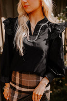 Black Contrast Stitched Detail V Neck Ruffle Long Sleeve Blouse Blouses b5abd14be4a6a647