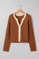 Chestnut Contrast Color V Neckline Knit Cardigan Cardigans b5af051e3d1fd2b7