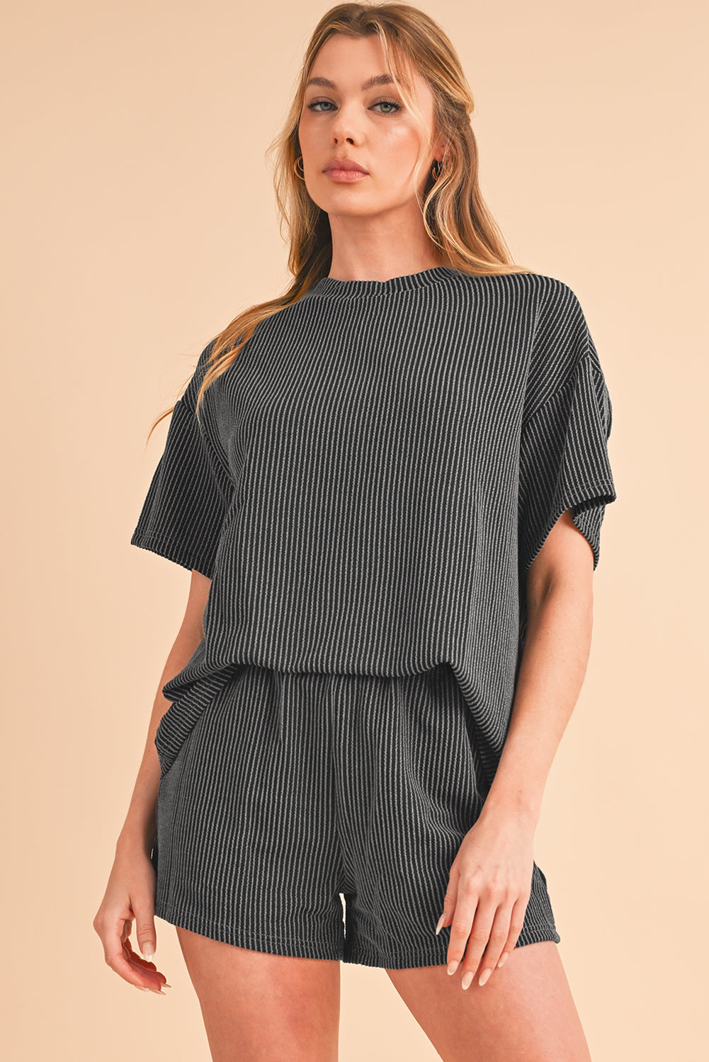 Orange Ribbed Textured Loose Fit Tee & Shorts Set Two Piece Shorts Sets b5b3058c270dcb2c