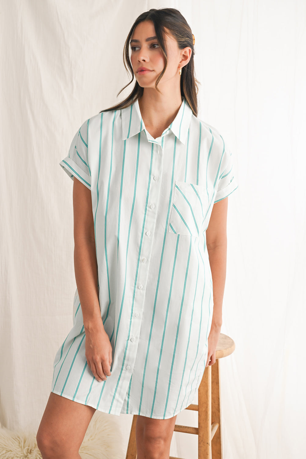 Mint Green Striped Pocket Short Sleeve Mini Dress Short Dresses b5c3cec6b23444a0