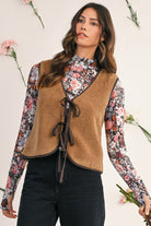 Light French Beige Fleece Tie Front Winter Vest Jackets b5f0c20b46f48ed9