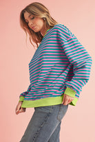 Blue Stripe Contrast Edge Cross Seam Oversized Pullover Sweatshirts & Hoodies b5f41448cf9a0e01