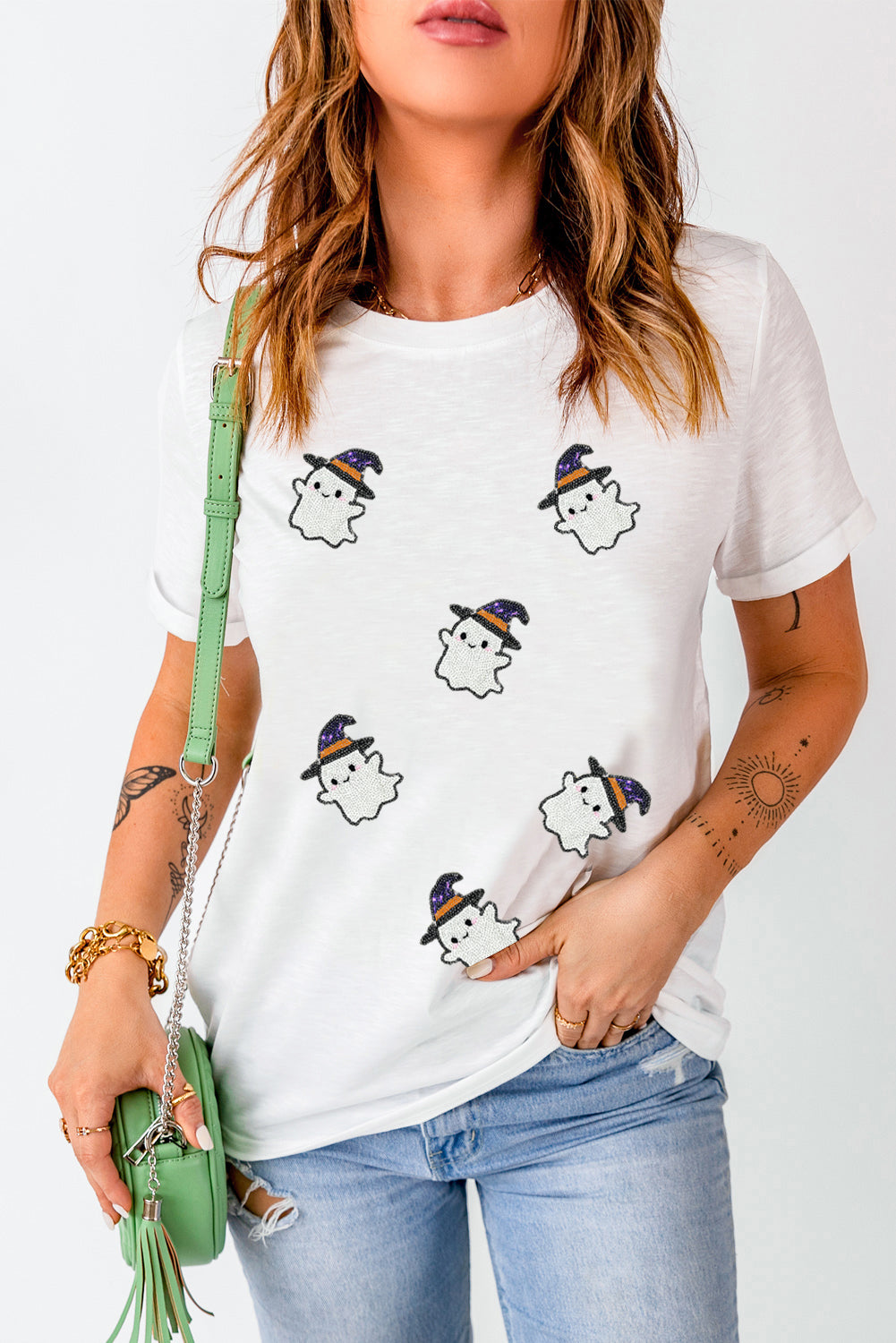 White Halloween Ghost Witch Sequins Patch Casual T Shirt Graphic Tees b6176d64183734d3