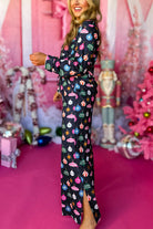 Navy Blue Colorful Christmas Lights Print Shirt and Pants Pajama Set Loungewear Set b627cfe42d55bf48