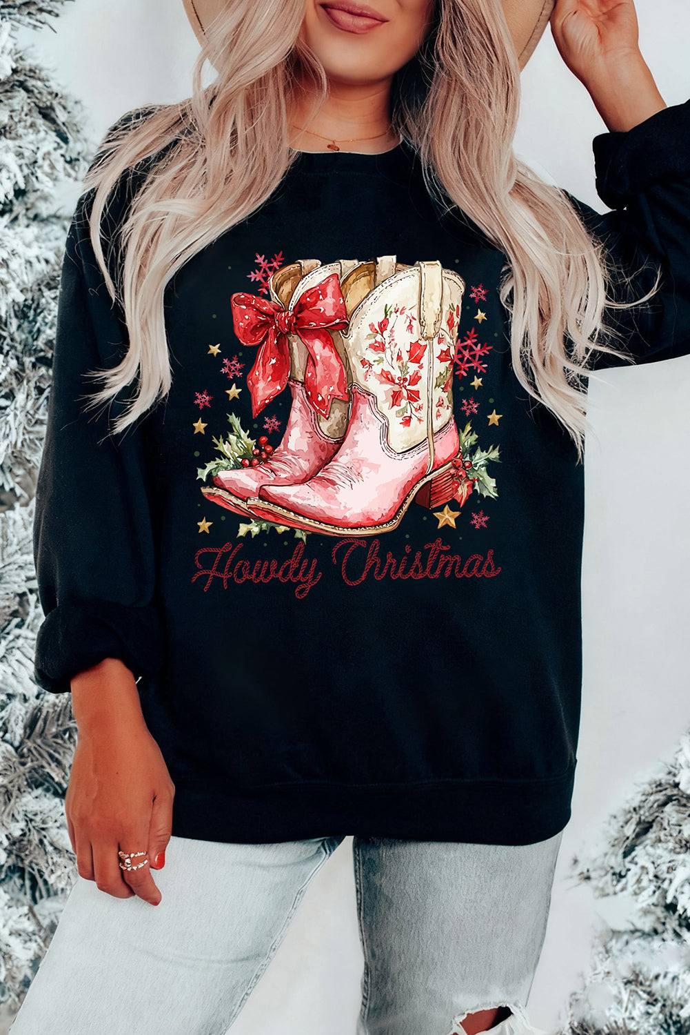 Black Howdy Christmas Boots Heat Transfer Printing Baggy Sweatshirt Graphic Sweatshirts b64041fc69f92e38