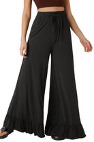 Black Solid Color Ruffle Hem Wide Leg Pants Pants b673be3595691ea9