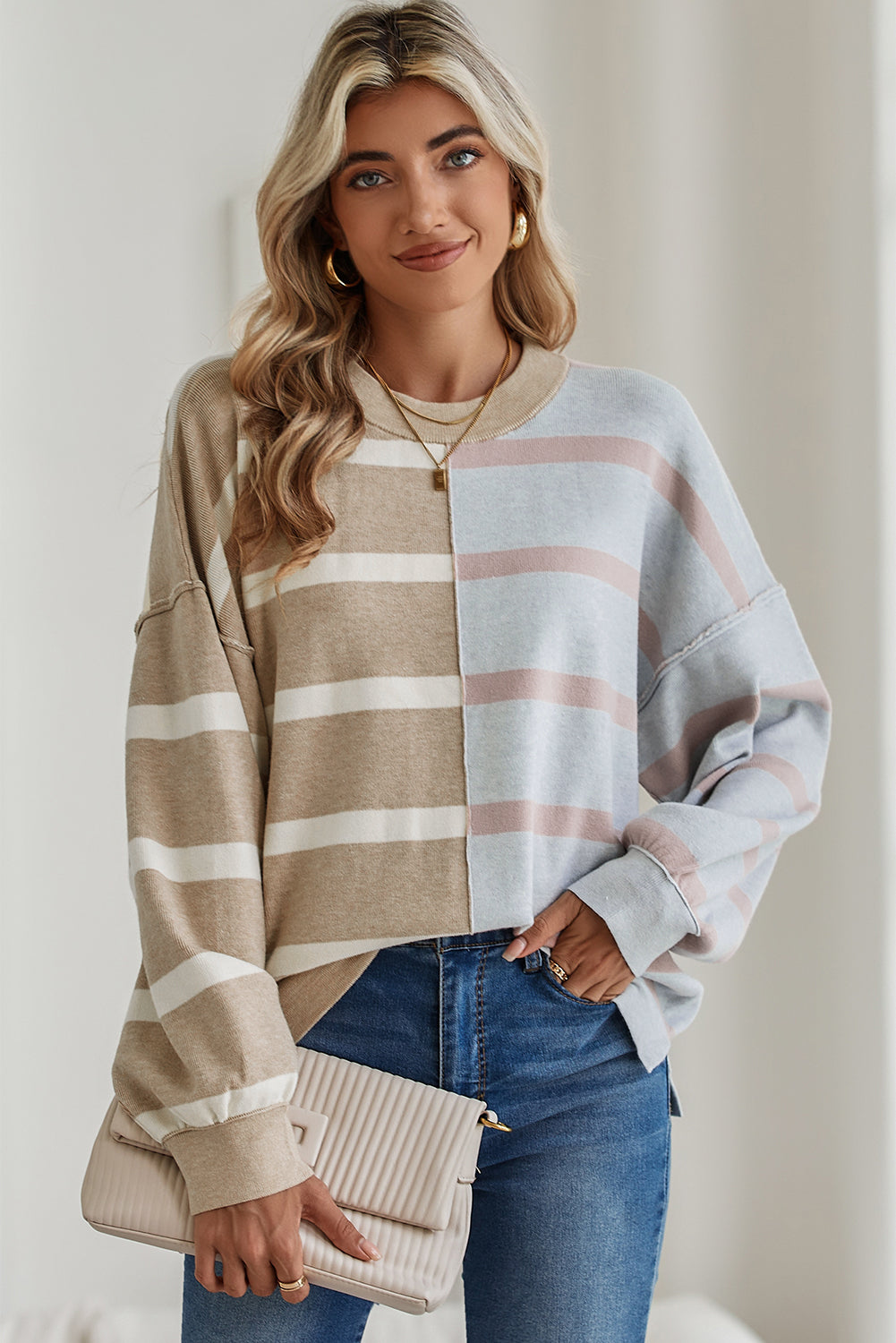 Blue Stripe Exposed Seam Patchwork Loose Sweater Sweaters b67bb00f69f44fda