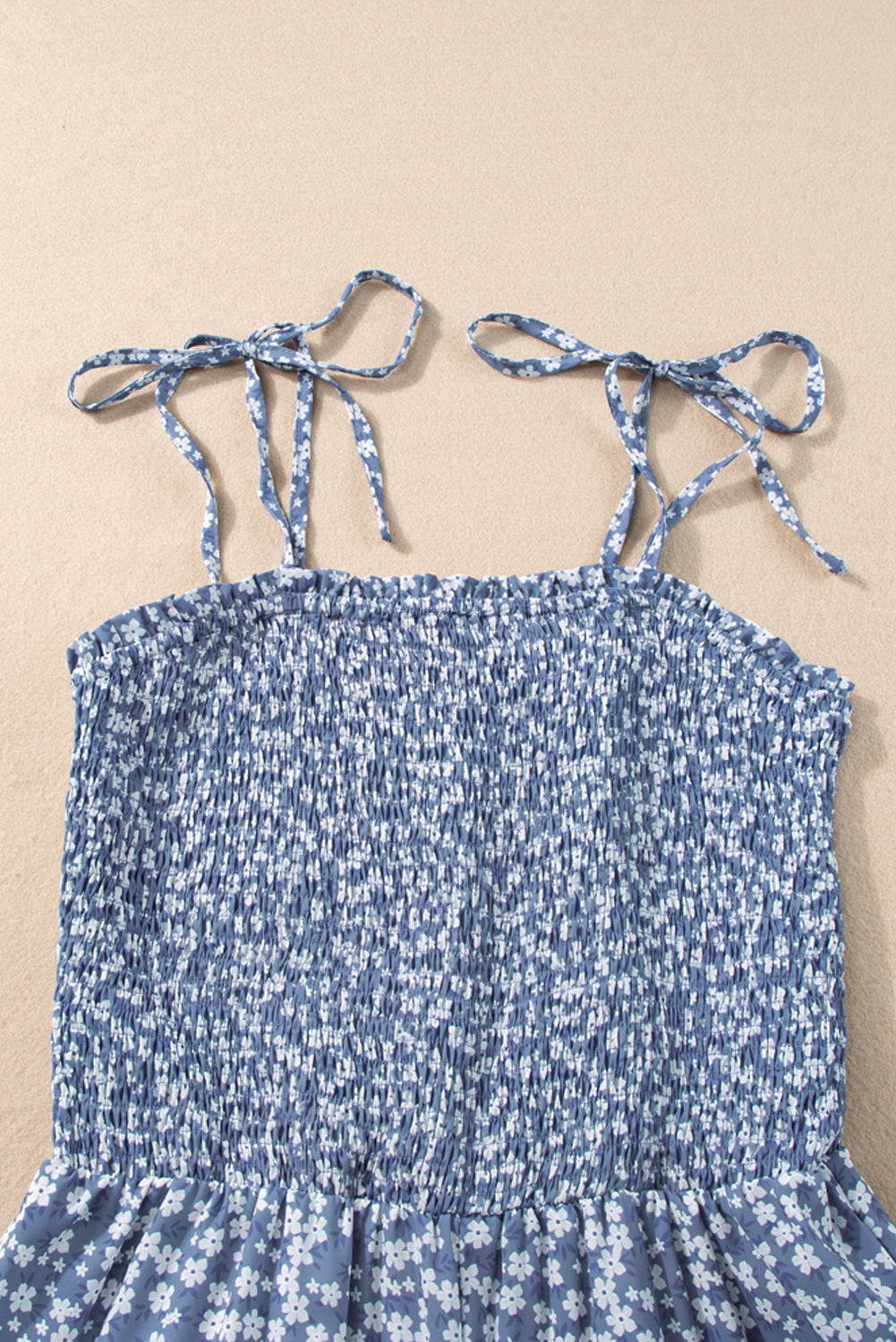 Dusk Blue Floral Print Spaghetti Straps Smocked Wide Leg Jumpsuit Jumpsuits b6acfbd2ed1147ef